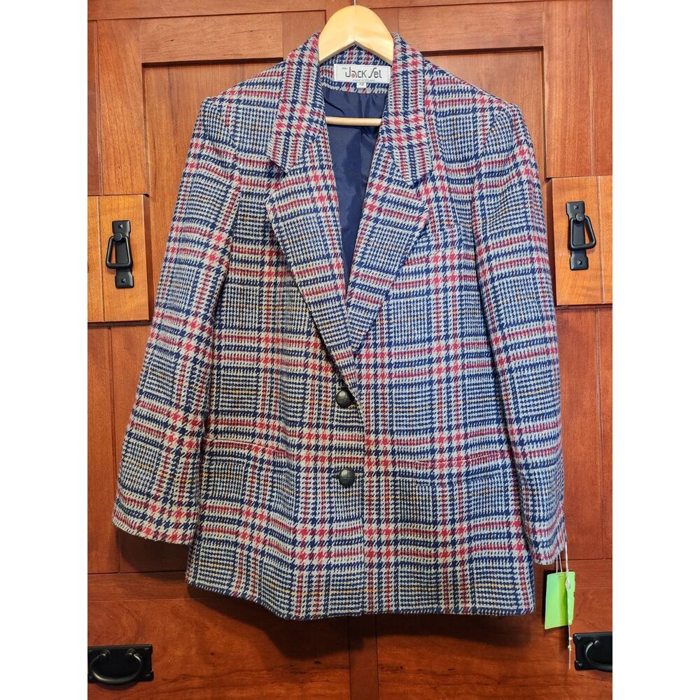 Vintage The Jack Set Women's Blazer Navy & Red Plaid Houndstooth Size 12 NWT